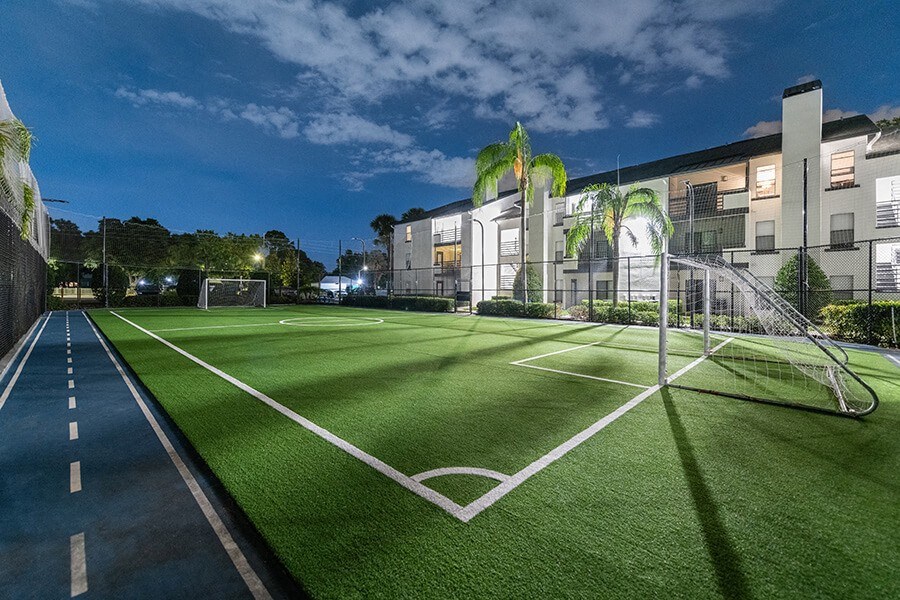 Community Soccer Field with Nets at Rosehill Preserve Apartments located in Orlando, FL.