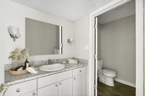 Model bathroom with white vanity