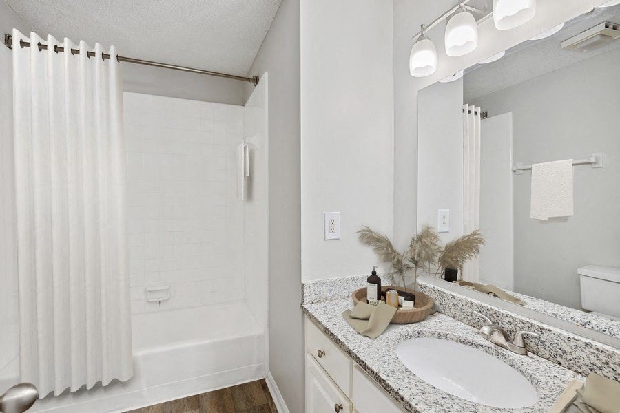 Model bathroom with white vanity