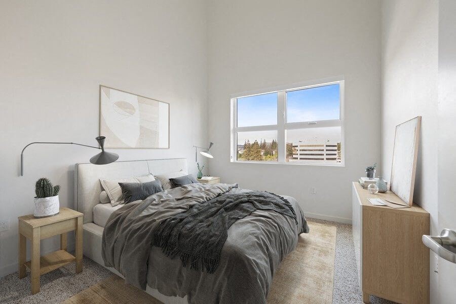 Model bedroom with queen-size mattress