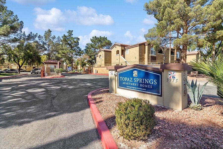 Community Monument Sign and Landscape at Topaz Springs Apartments in Las Vegas, NV.