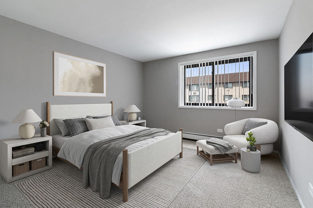 Model Bedroom with Carpet and Window View at Midpointe Apartments in Chicago, IL.