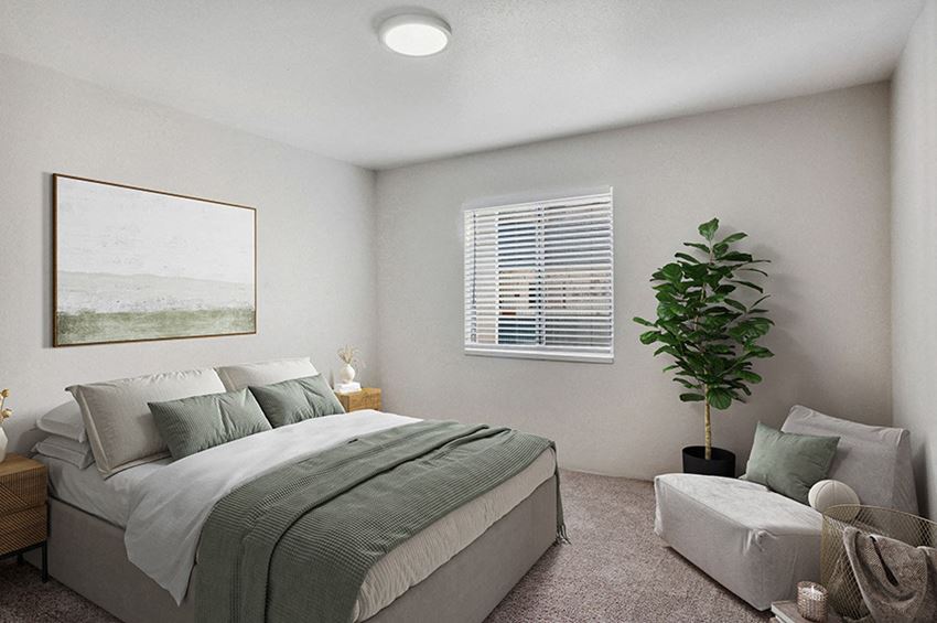 Model Bedroom with Carpet & Window View at Monaco Apartments in Salt Lake City, UT.