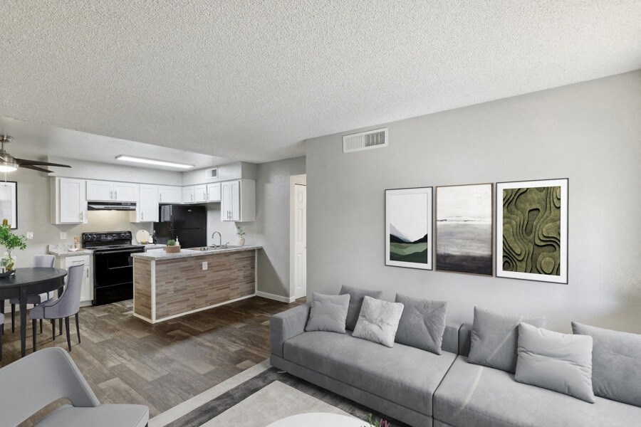Model apartment living room and kitchen