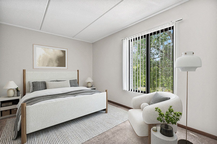 Model Classic Unit Bedroom with Carpet and Window View  at Elevate on Parkway, Burnsville, Minnesota, 55337