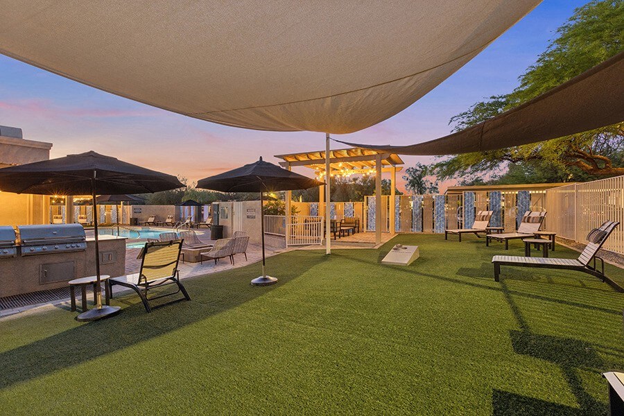 Outdoor Corn Hole Area at Ridgeline Apartments in Tucson, AZ.