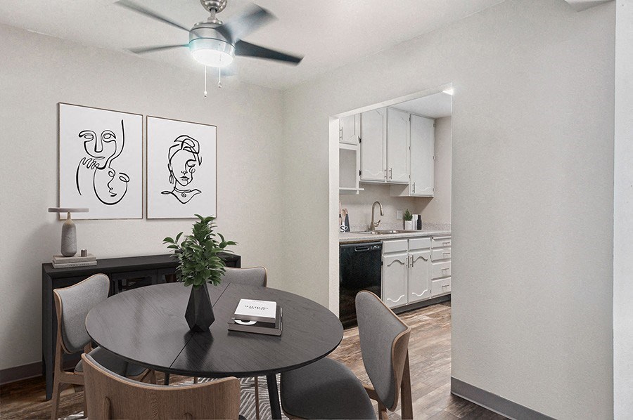 Model Dining Room and Kitchen Area at Monaco Apartments in Salt Lake City, UT.