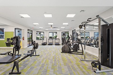 Community Fitness Center with Equipment and Mirrors at Element 41 Apartments in Marietta, GA.