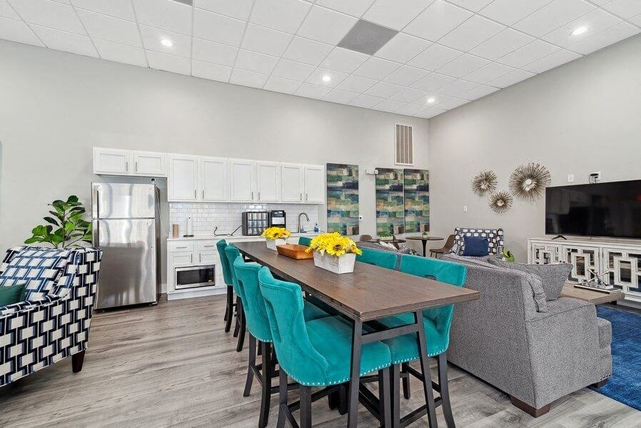 Community kitchen area with table