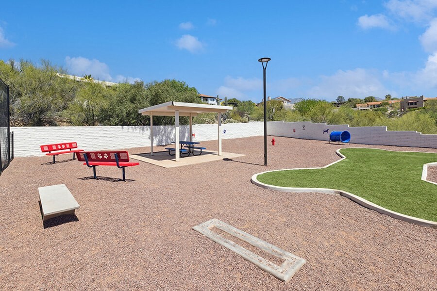 Community Dog Park with Agility Equipment at Hilands Apartments in Tucson, AZ.