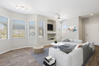 Model living room with large windows