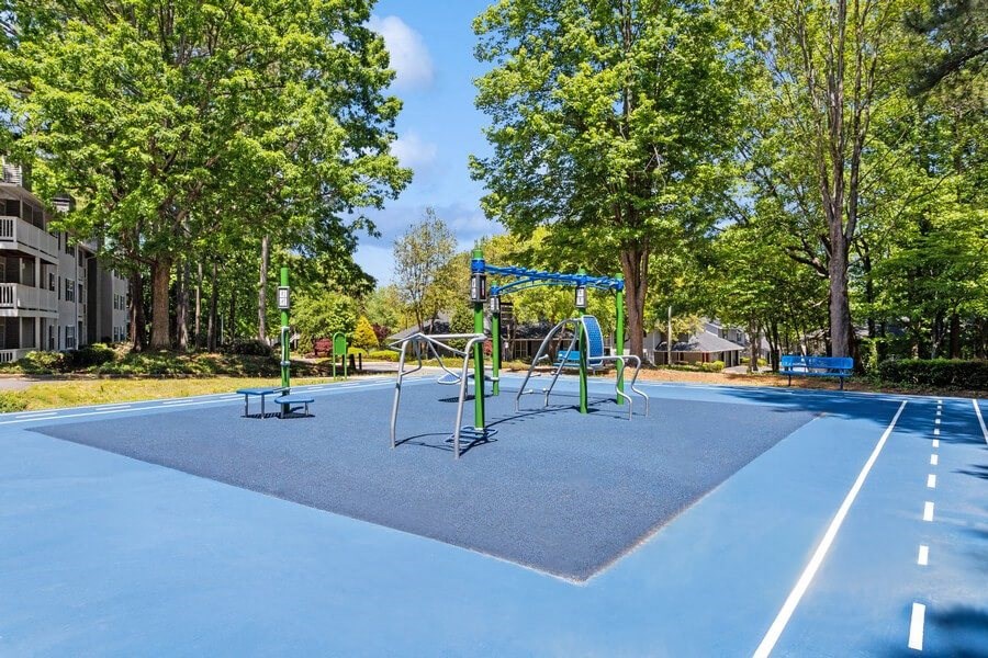 Outdoor Gym and Track Area at Dunwoody Village Apartments in Atlanta, GA.