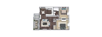 2-Bed, 1-Bath 3D Floor Plan