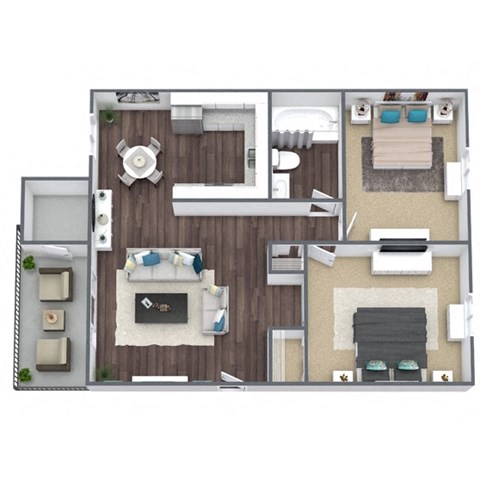 2-Bed, 1-Bath 3D Floor Plan