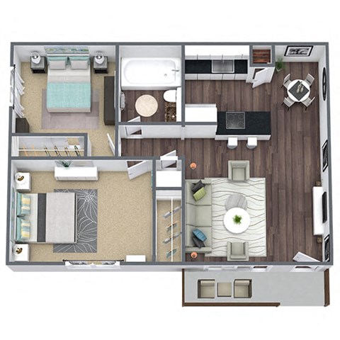 2-Bed, 1-Bath Floor Plan, 900 SQFT.
