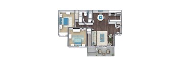 2 Bed, 1 Bath Floor Plan 3D Image
