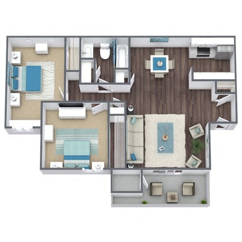 2 Bed, 1 Bath Floor Plan 3D Image