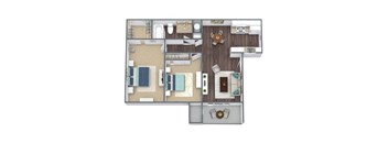 2-Bed 1-Bath Floor Plan 3D Image