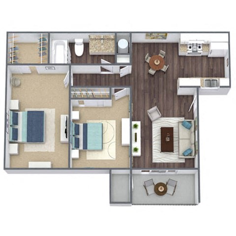 2-Bed 1-Bath Floor Plan 3D Image