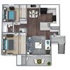 2-bed, 1-bath 3D floor plan image