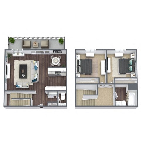 2-Bed, 1.5-Bath 3D Floor Plan