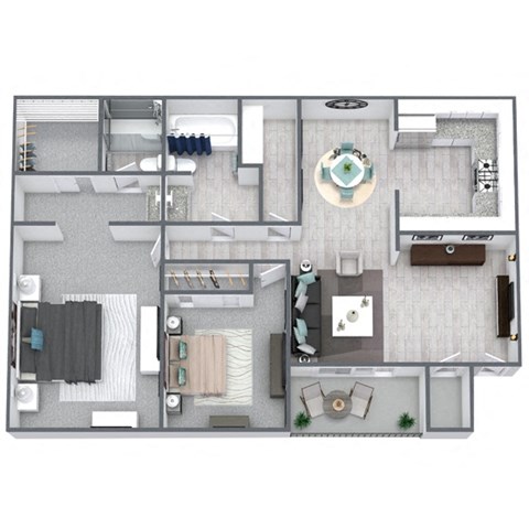 2-bed, 2-bath floor plan 910 sqft