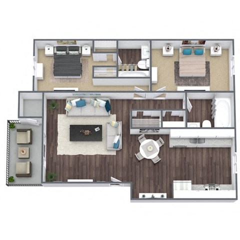 2-Bed, 2-Bath 3D Floor Plan