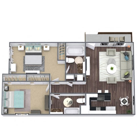 2-Bed, 2-Bath Floor Plan, 900 SQFT.
