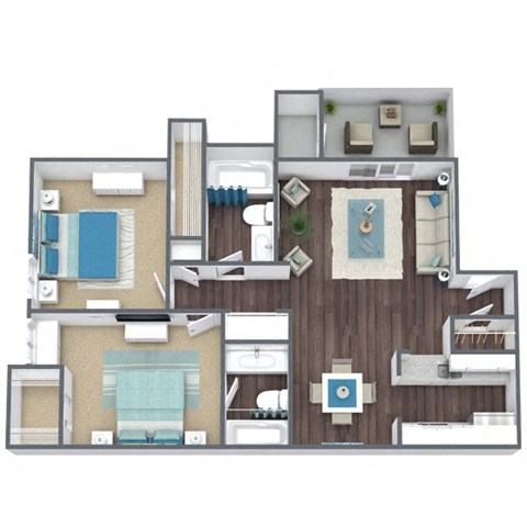 2 Bed, 2 Bath Floor Plan 3D Image