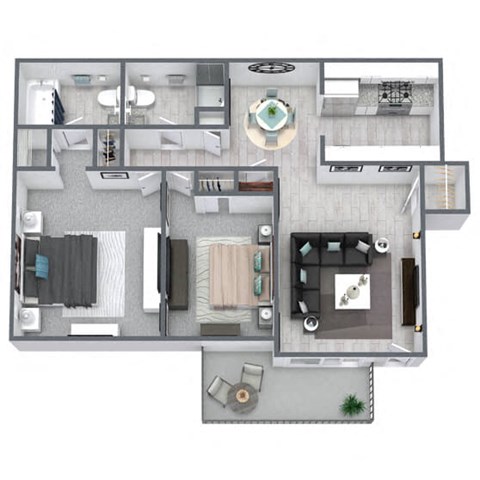 2-bed, 2-bath floor plan 775 sqft