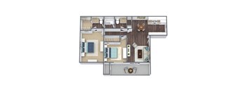 2-Bed 2-Bath Floor Plan 3D Image