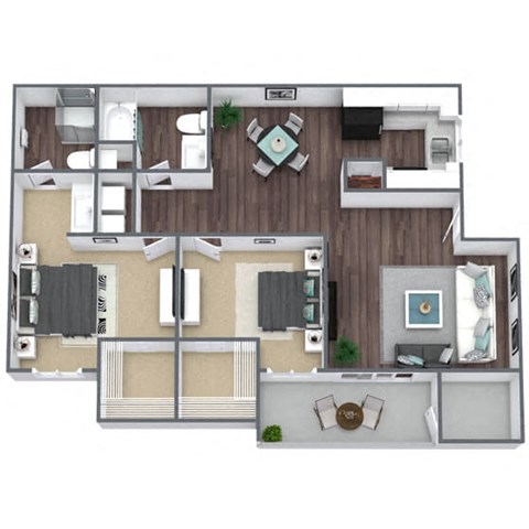 2-Bed, 2-Bath (A) 3D Floor Plan