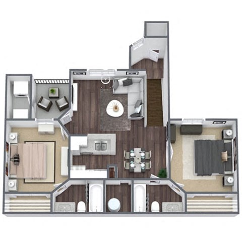 2 Bed 2 Bath (A) 3D floor plan image