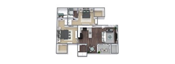 2-Bed, 2-Bath (B) 3D Floor Plan