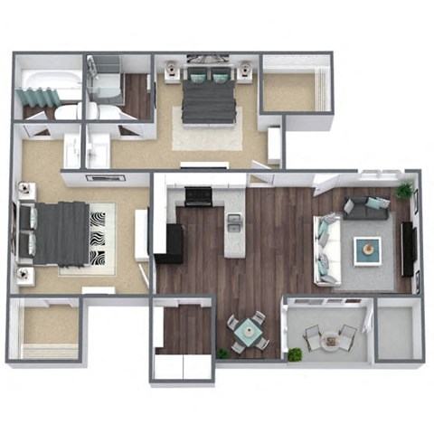 2-Bed, 2-Bath (B) 3D Floor Plan