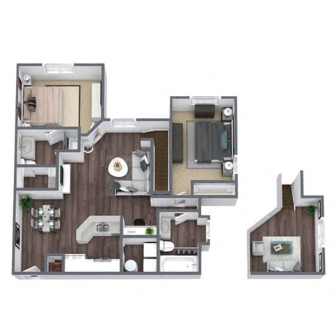 2 Bed 2 Bath (B) 3D floor plan image