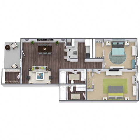 2x2 Floor Plan, 2-Bed 2-Bath, 849 SQFT.