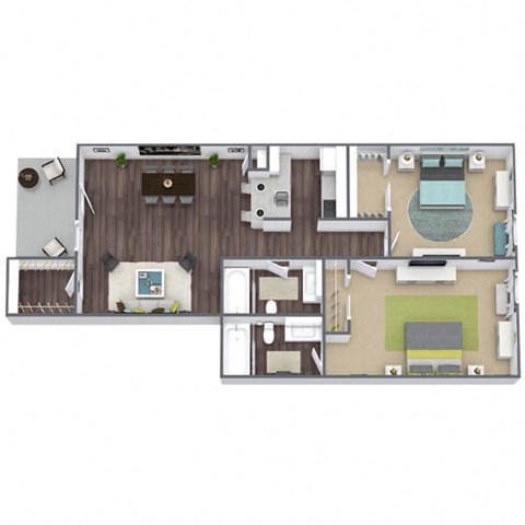2x2 RWD Floor Plan, 2-Bed 2-Bath, 849 SQFT.
