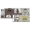 2x2 RWD Floor Plan, 2-Bed 2-Bath, 849 SQFT.