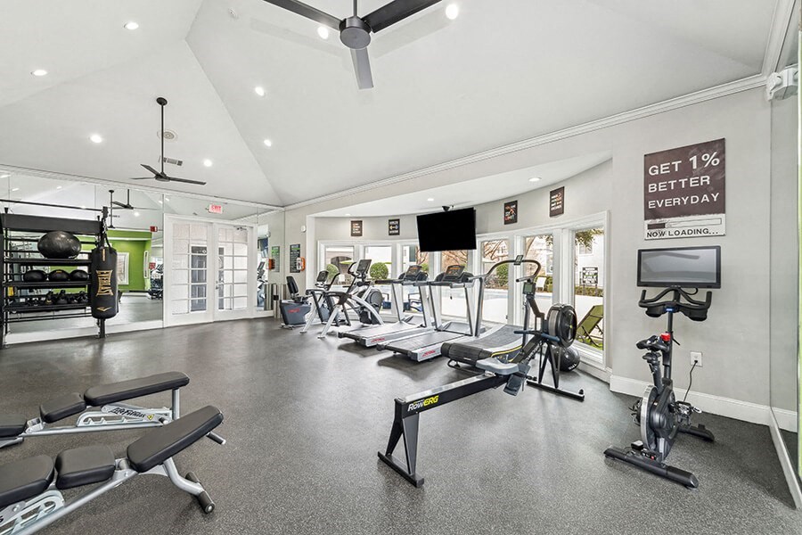Community Fitness Center with Equipment at Bridges at Oakbend Apartments located in Lewisville, TX.