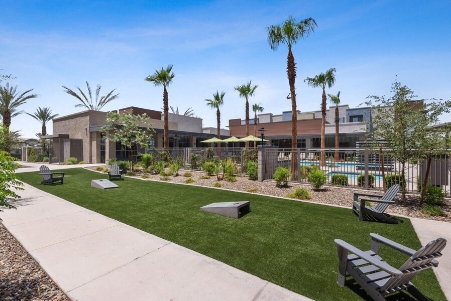 Outdoor gaming area and swimming pool