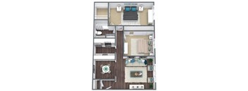 2-Bed, 1-Bath Floor Plan 3D Image