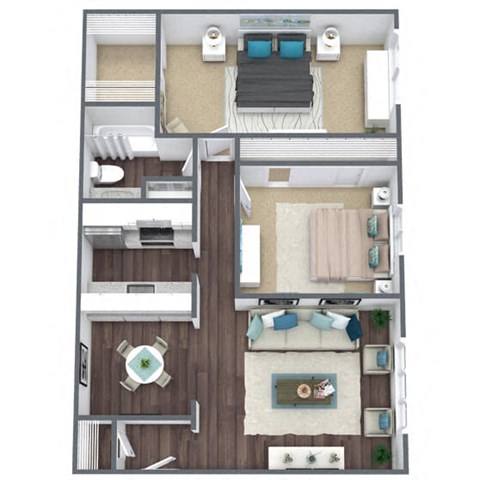 2-Bed, 1-Bath Floor Plan 3D Image