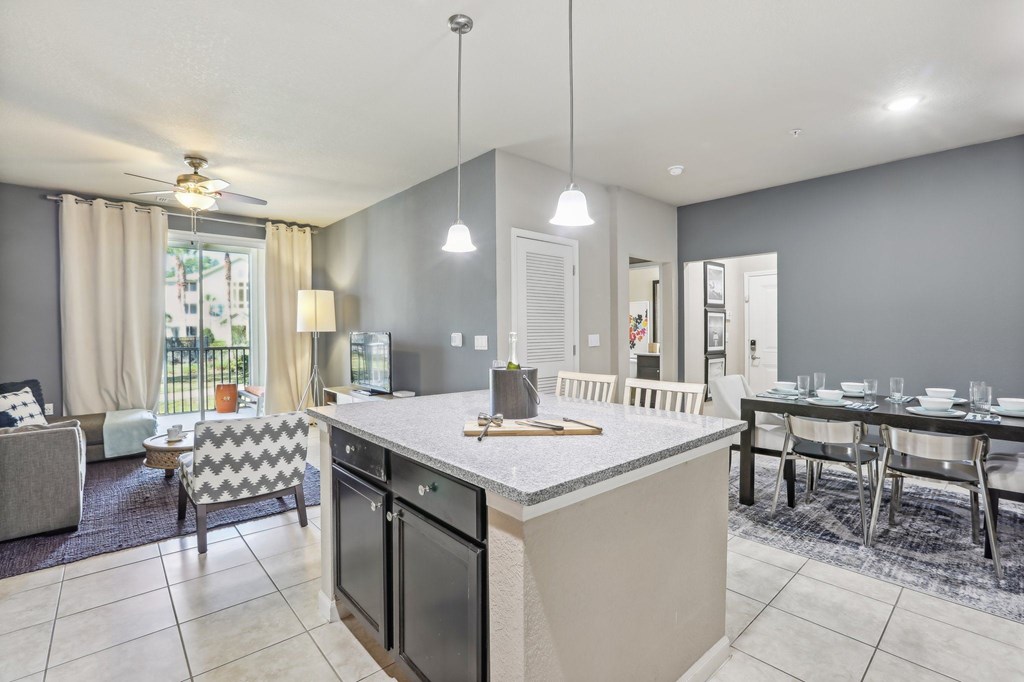 Model kitchen with island.
