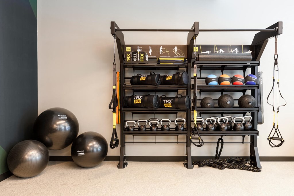 Fitness center with spheres and weights