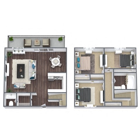 3-Bed, 1.5-Bath 3D Floor Plan