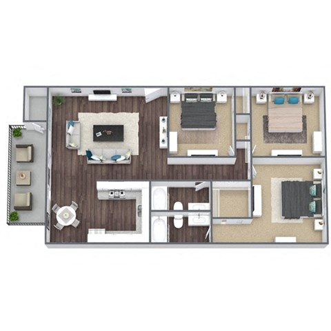 3-Bed, 2-Bath 3D Floor Plan