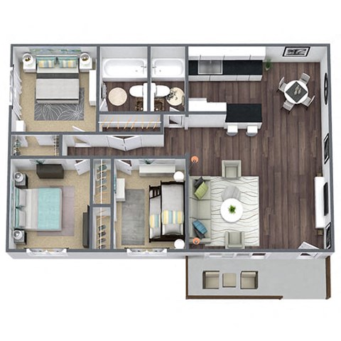 3-Bed, 2-Bath Floor Plan; 1,025 SQFT.