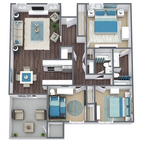 3 Bed, 2 Bath Floor Plan 3D Image