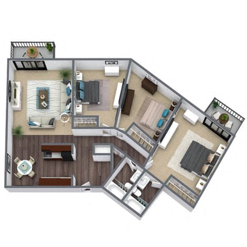 3 Bed, 2 Bath 3D Floor Plan Imageat Elevate on Parkway, Burnsville, MN